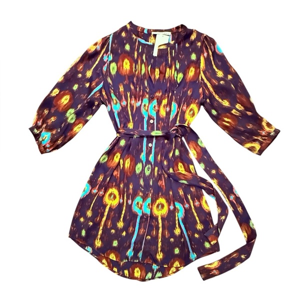 Aqua Purple and Yellow Long Sleeve Shirt Dress w/ Tie Waist Small - Picture 1 of 10